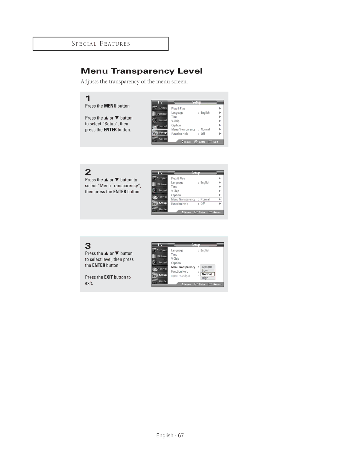 Samsung TX R2678WH, TX R3075WH manual Menu Transparency Level, Adjusts the transparency of the menu screen 