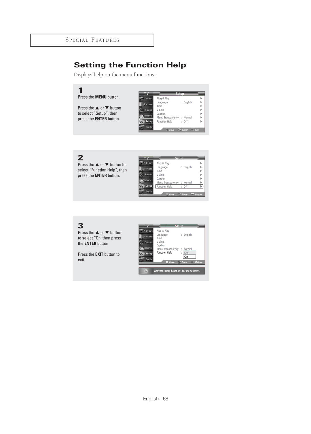 Samsung TX-R2675WH, TX-R2678WH, TX-R3075WH, TX R3075WH manual Setting the Function Help, Displays help on the menu functions 