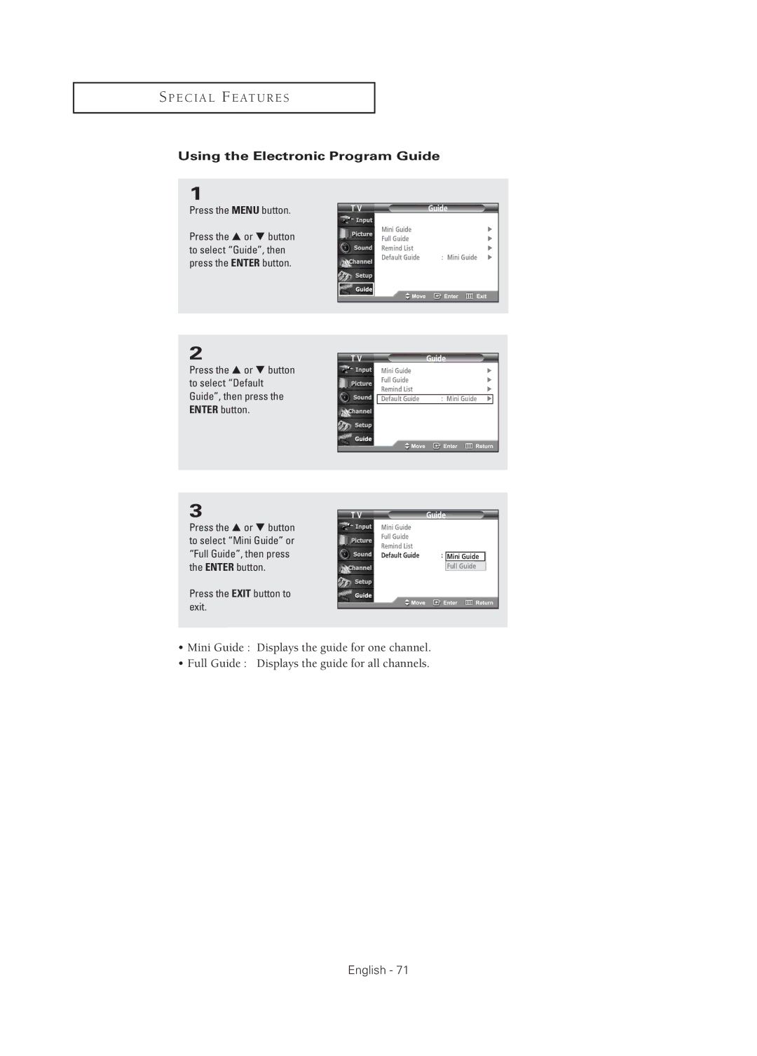 Samsung TX-R2675WH, TX-R2678WH, TX-R3075WH, TX R3075WH manual Using the Electronic Program Guide, Press the Menu button 