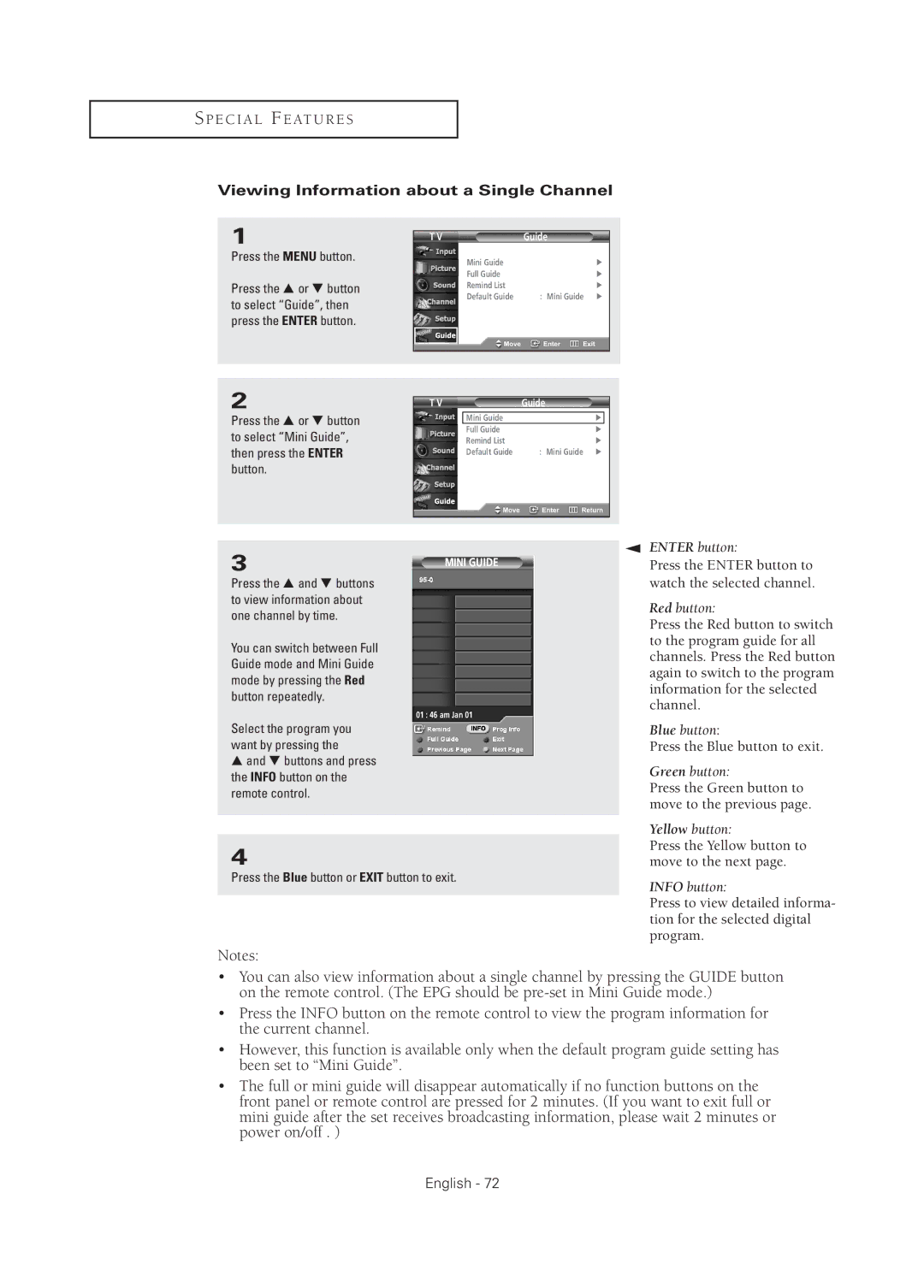 Samsung TX R3075WH, TX R2678WH Viewing Information about a Single Channel, Press the Blue button or Exit button to exit 