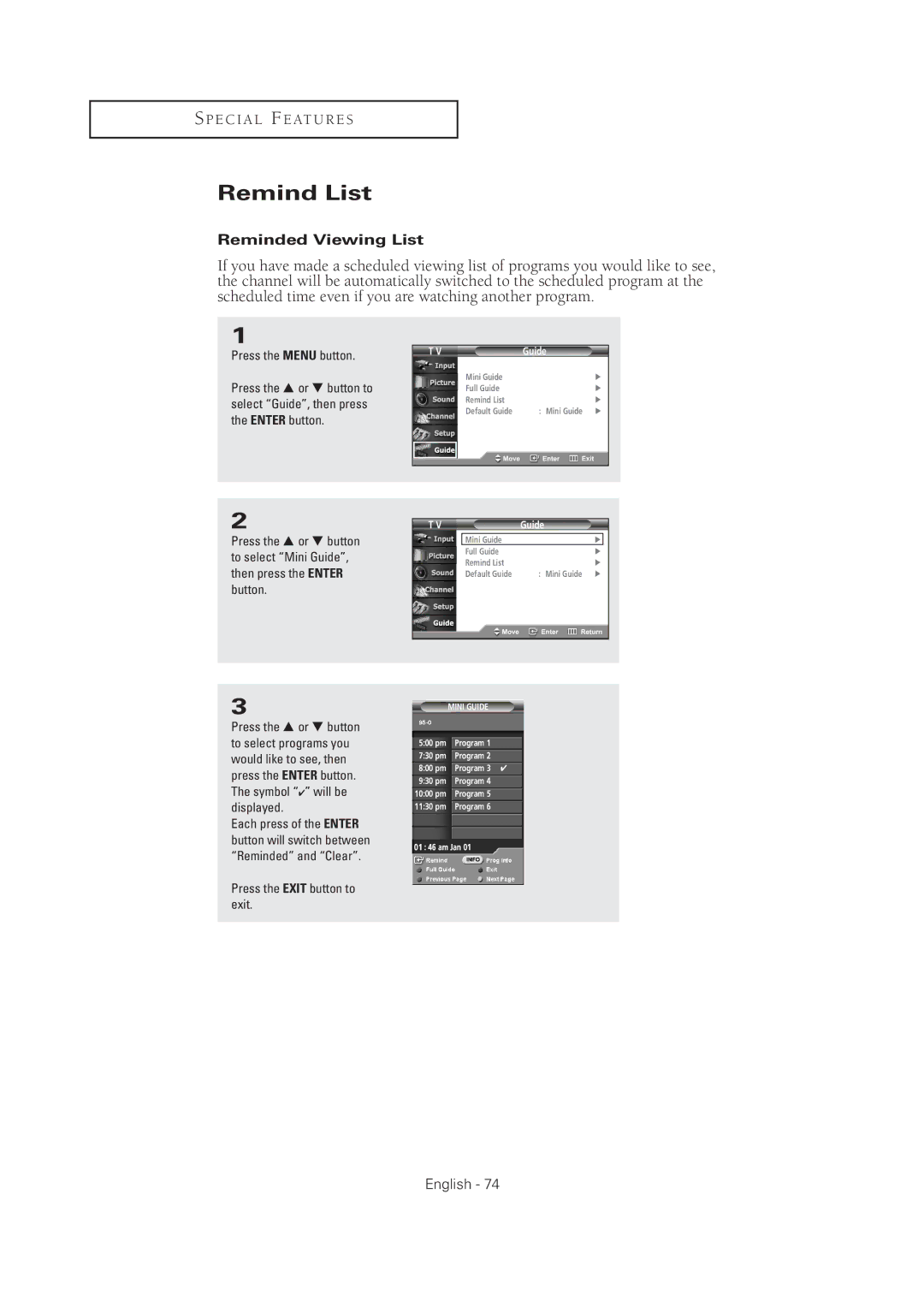 Samsung TX-R2675WH, TX-R2678WH, TX-R3075WH, TX R3075WH, TX R2678WH manual Remind List, Reminded Viewing List 