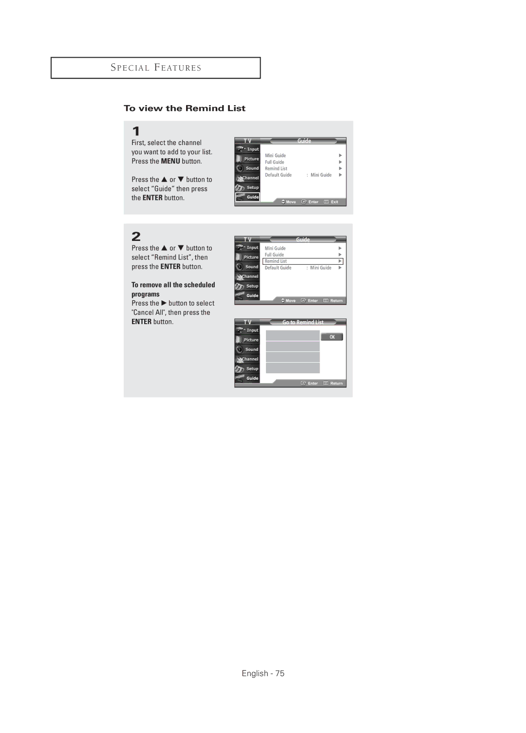 Samsung TX R3075WH, TX R2678WH manual To view the Remind List, To remove all the scheduled programs 