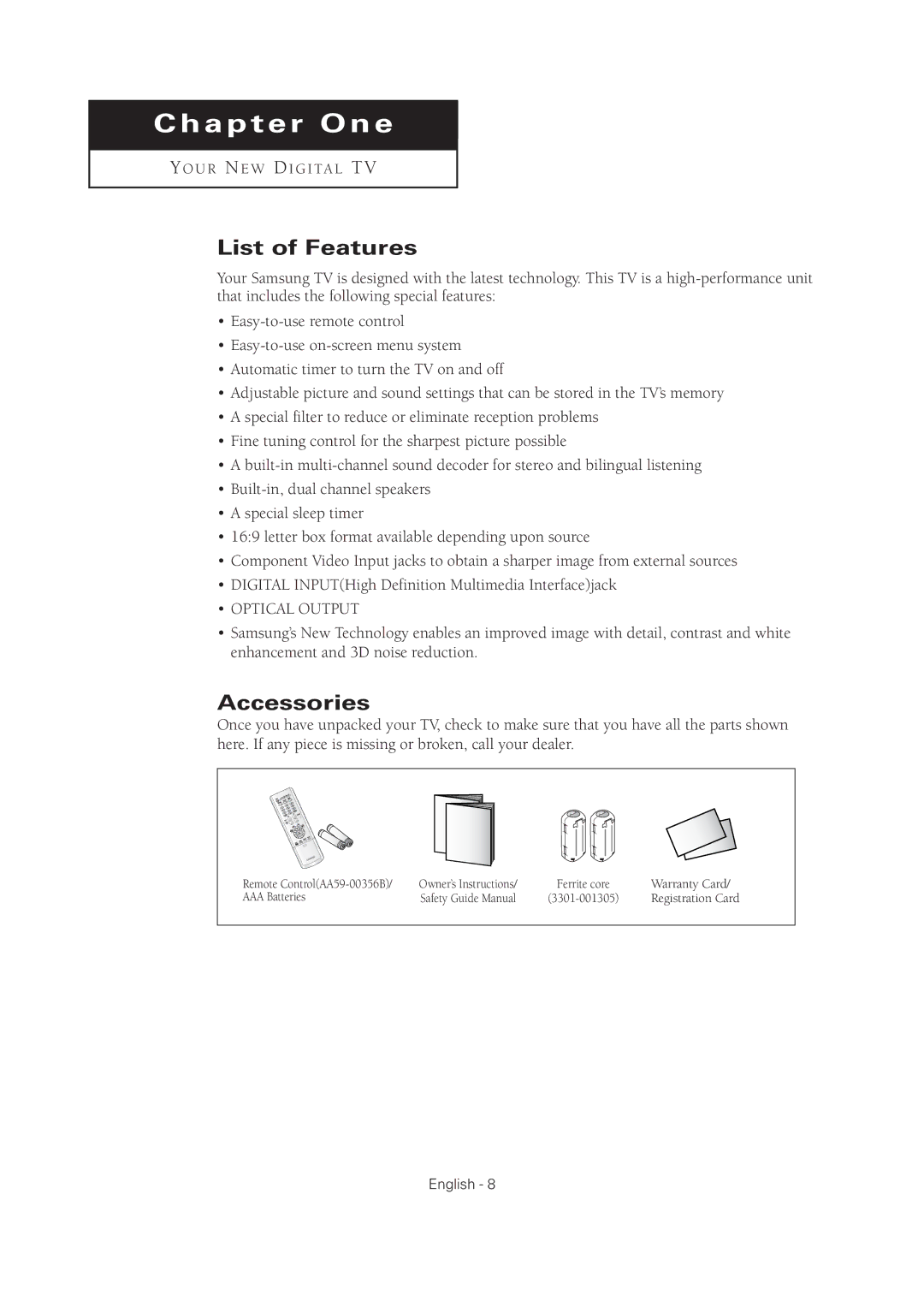 Samsung TX-R2675WH, TX-R2678WH, TX-R3075WH, TX R3075WH, TX R2678WH manual List of Features, Accessories 