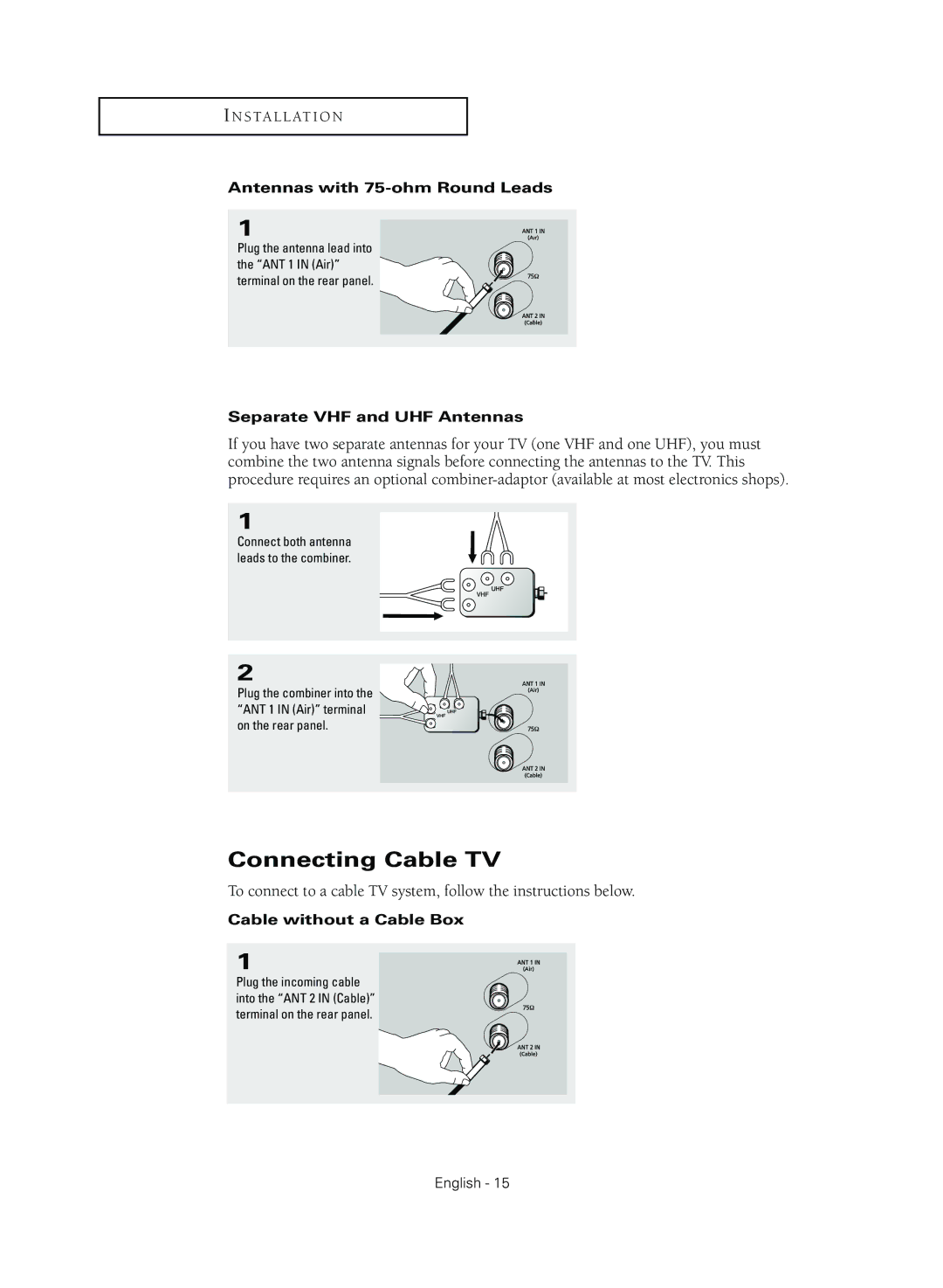 Samsung TX R3079WH manual Connecting Cable TV, Antennas with 75-ohm Round Leads, Separate VHF and UHF Antennas 