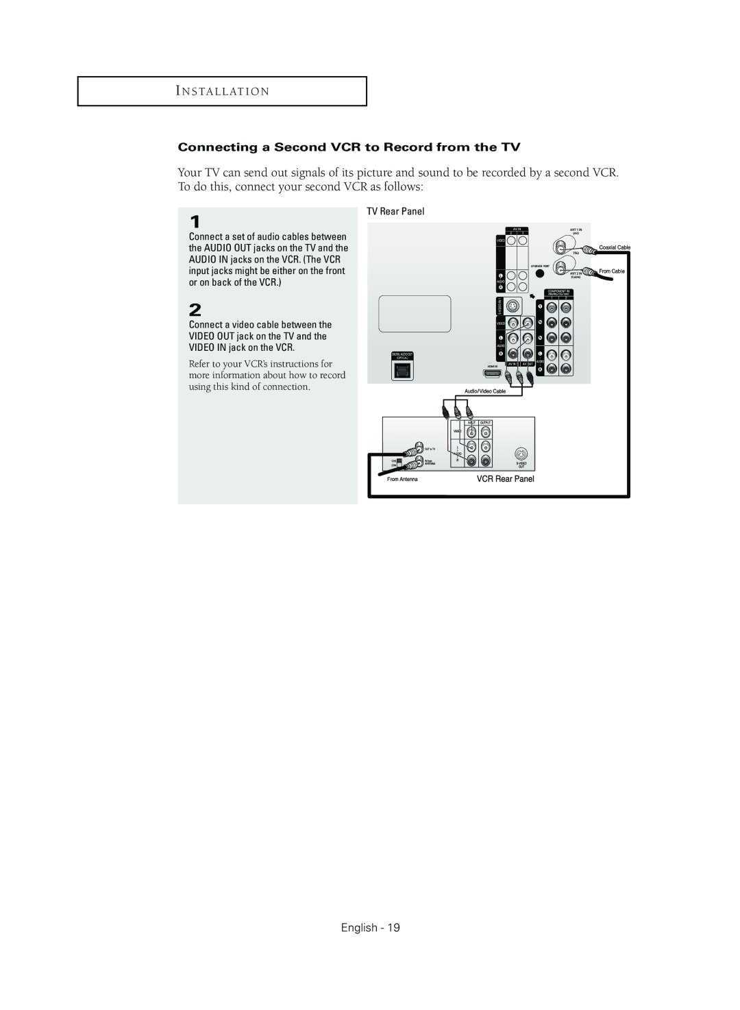 Samsung TX R3079WH manual Connecting a Second VCR to Record from the TV 