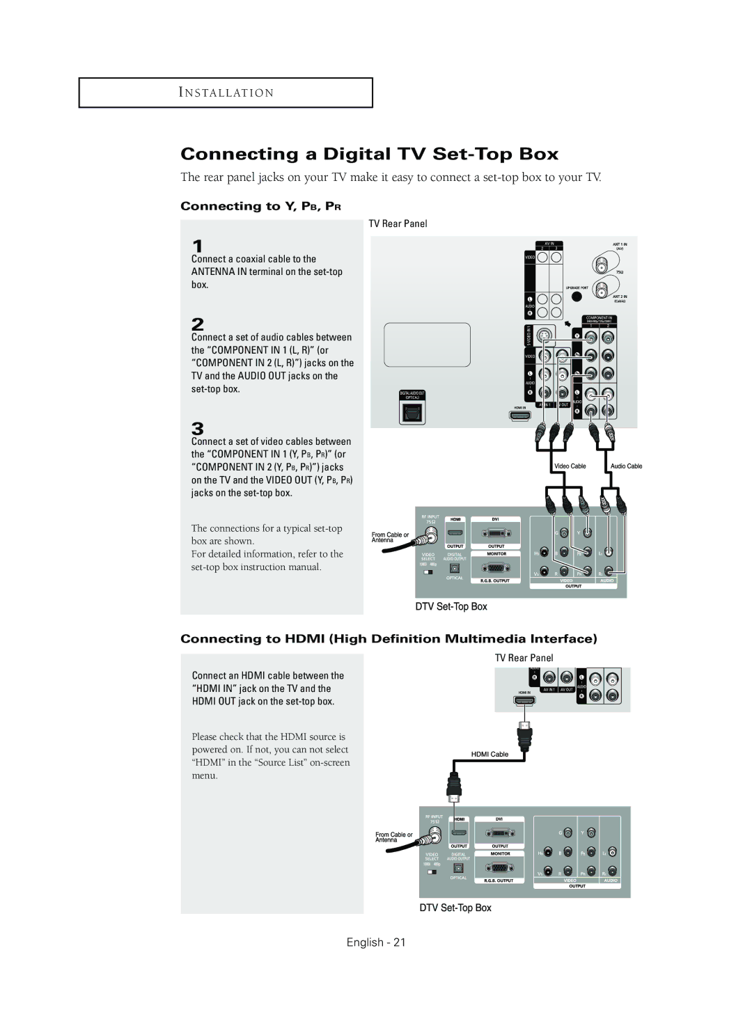 Samsung TX R3079WH manual Connecting a Digital TV Set-Top Box, Connecting to Hdmi High Definition Multimedia Interface 