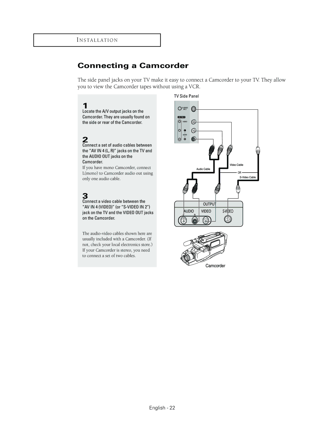 Samsung TX R3079WH manual Connecting a Camcorder, TV Side Panel 