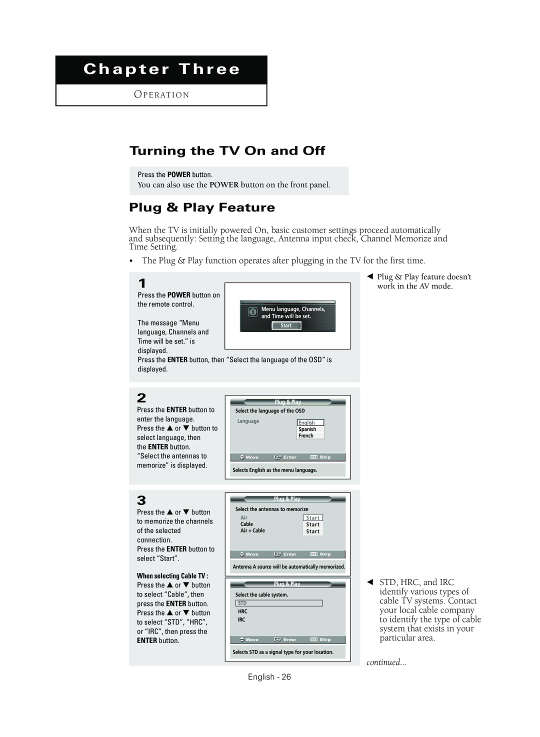 Samsung TX R3079WH manual Turning the TV On and Off, Plug & Play Feature 