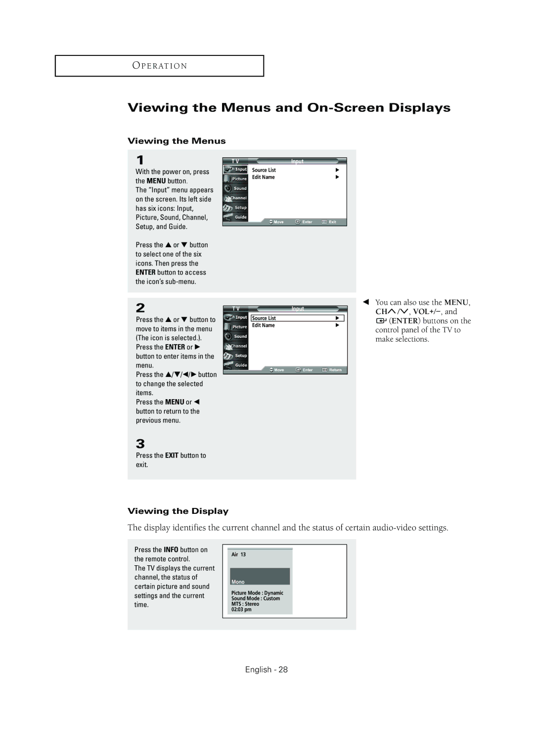 Samsung TX R3079WH manual Viewing the Menus and On-Screen Displays, Viewing the Display, Input 