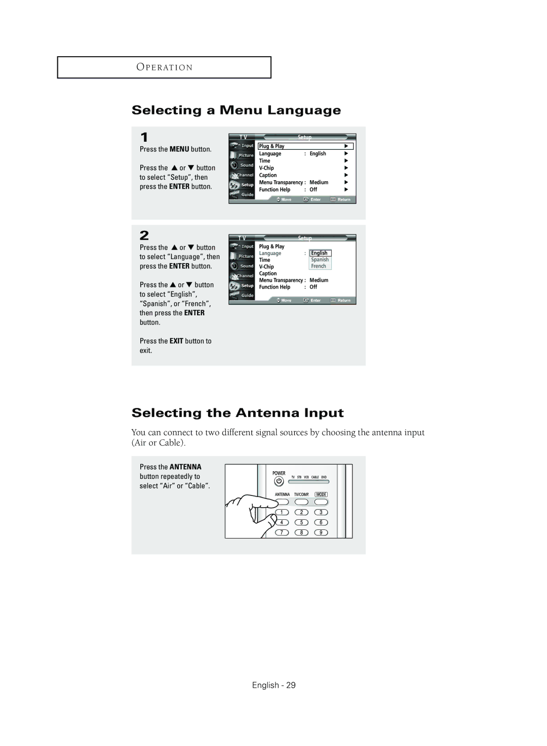 Samsung TX R3079WH manual Selecting a Menu Language, Selecting the Antenna Input, Press the Menu button, Setup 