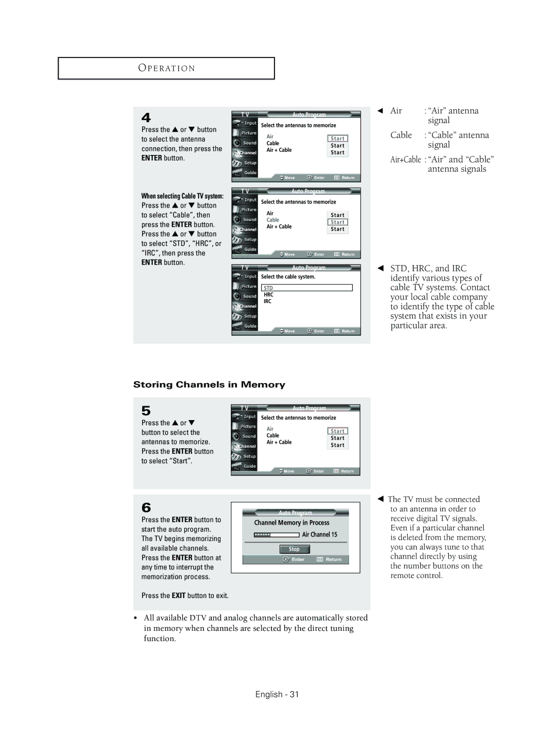 Samsung TX R3079WH manual Air+Cable Air and Cable antenna signals, Storing Channels in Memory 