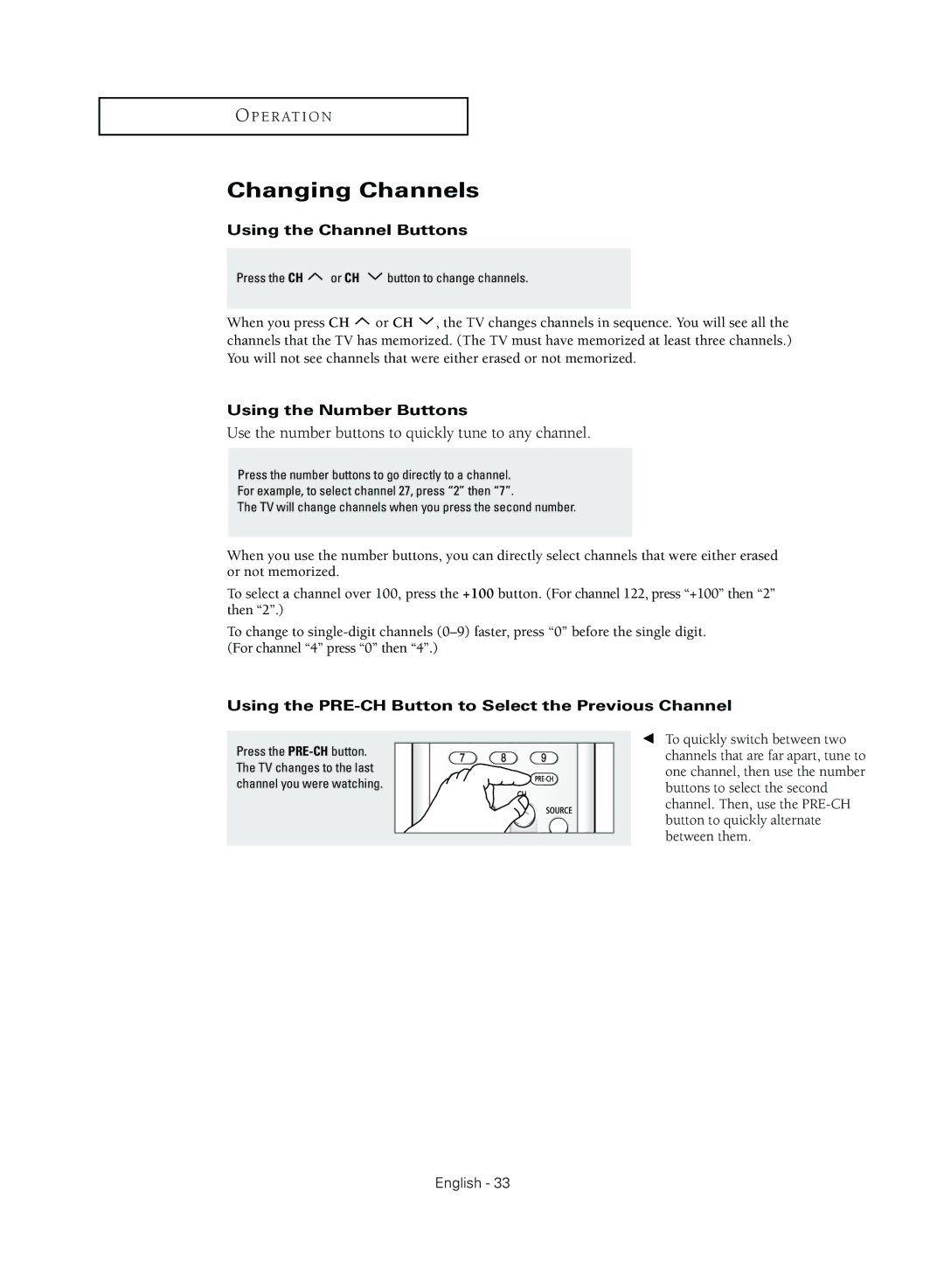 Samsung TX R3079WH manual Changing Channels, Using the Channel Buttons, Using the Number Buttons 