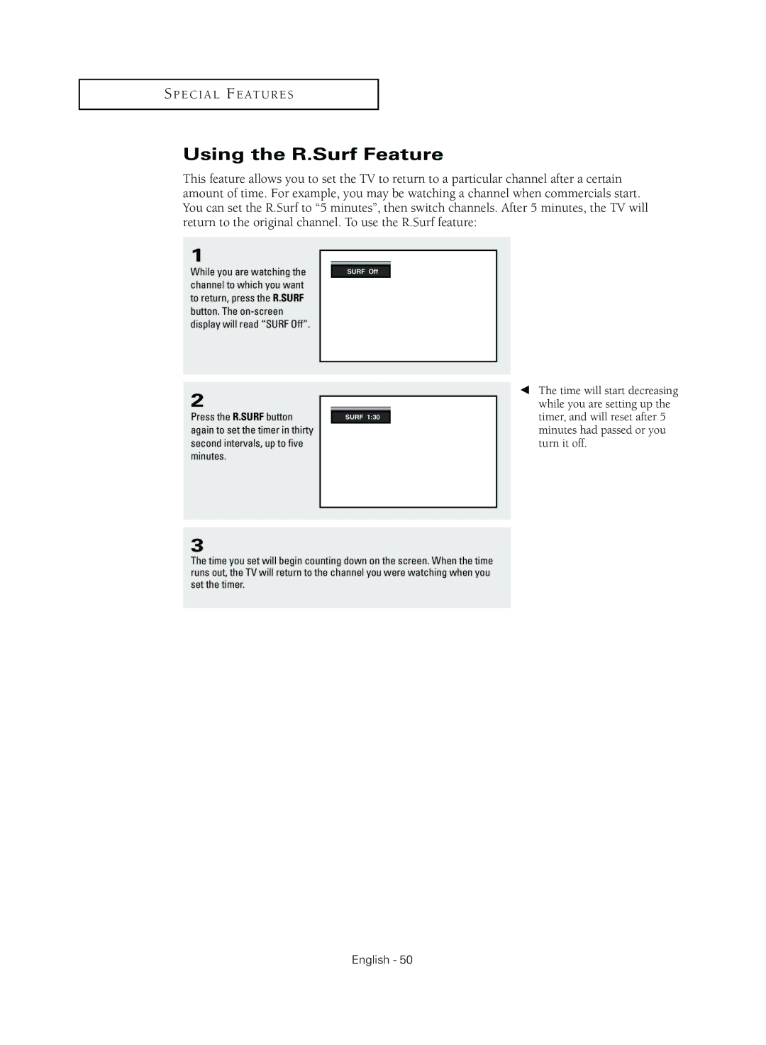 Samsung TX R3079WH manual Using the R.Surf Feature, Button. The on-screen, Press the R.SURF button 