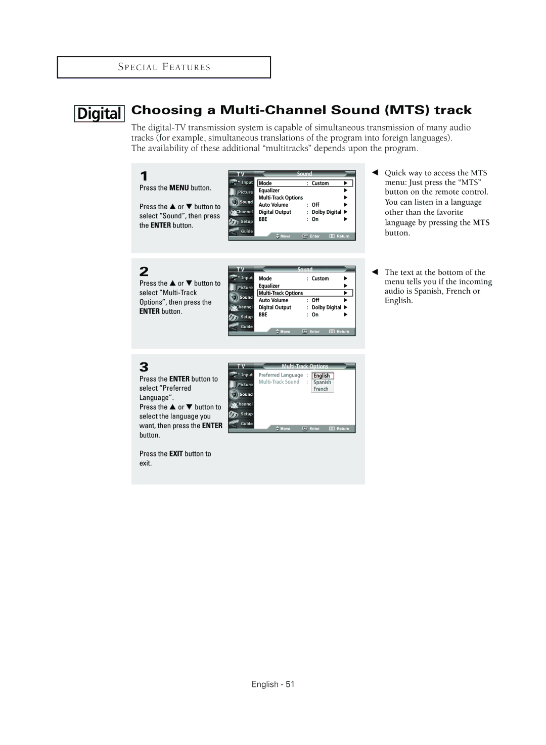 Samsung TX R3079WH manual Choosing a Multi-Channel Sound MTS track, Press the Enter button to select Preferred Language 