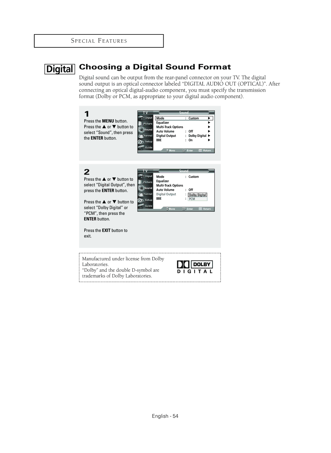 Samsung TX R3079WH manual Choosing a Digital Sound Format 