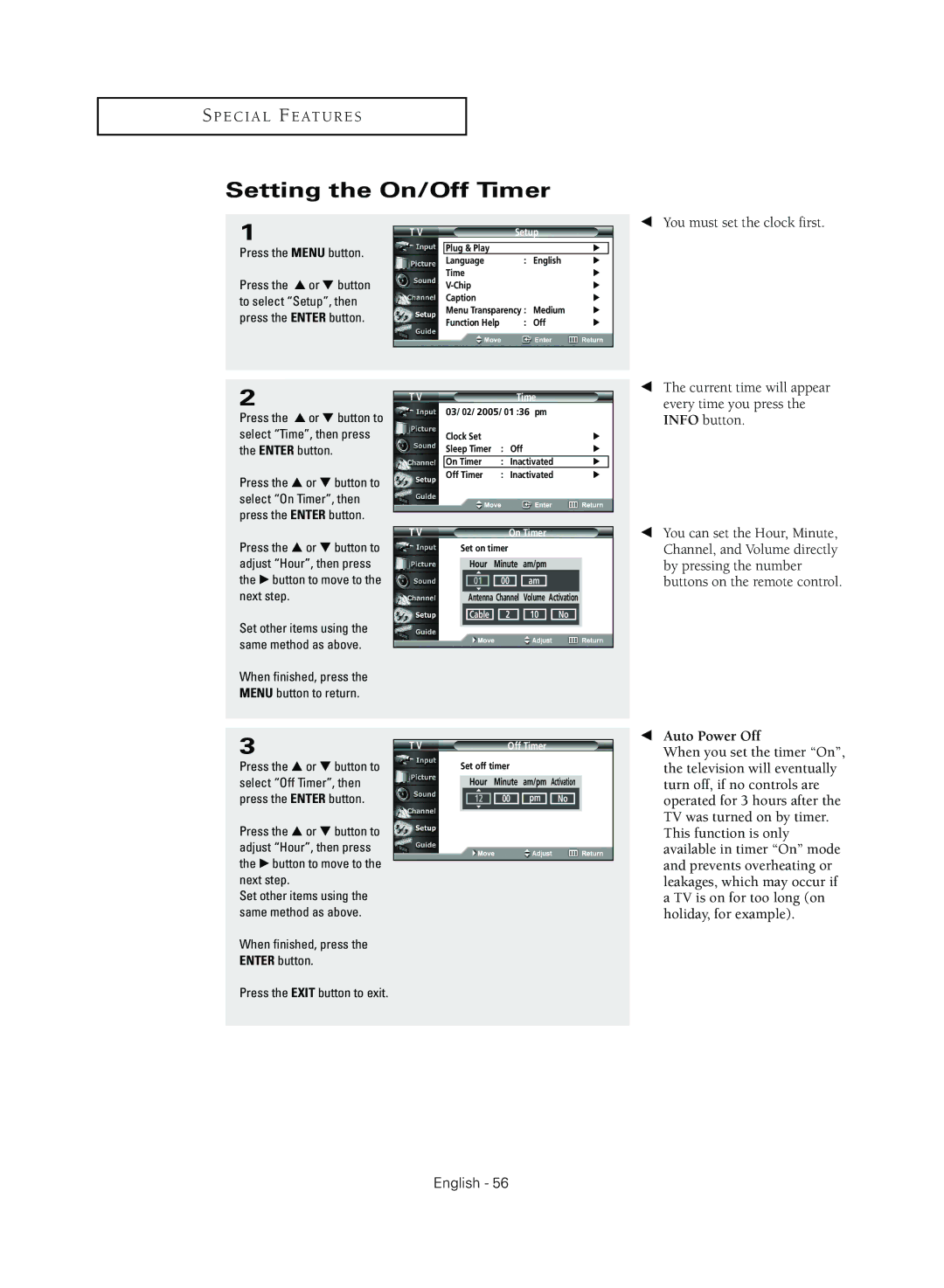 Samsung TX R3079WH manual Setting the On/Off Timer, When finished, press the Enter button 