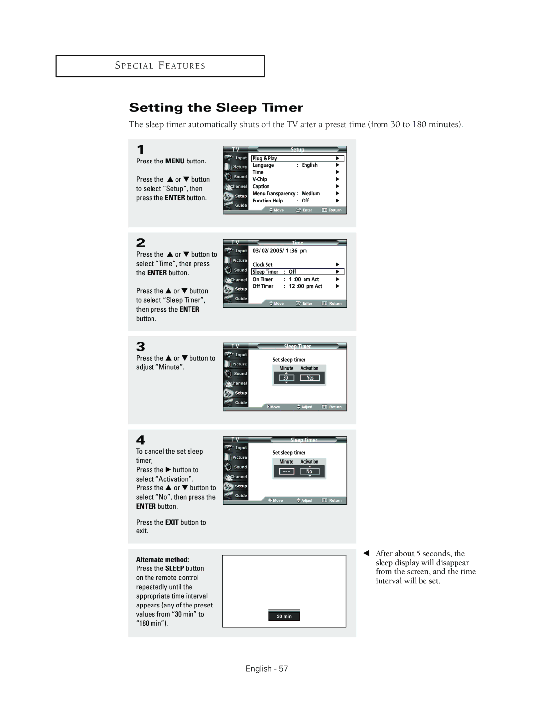 Samsung TX R3079WH manual Setting the Sleep Timer, Press the … or † button to, Adjust Minute, To cancel the set sleep timer 