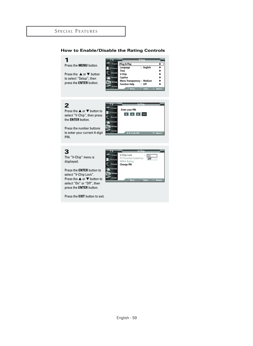 Samsung TX R3079WH manual How to Enable/Disable the Rating Controls 