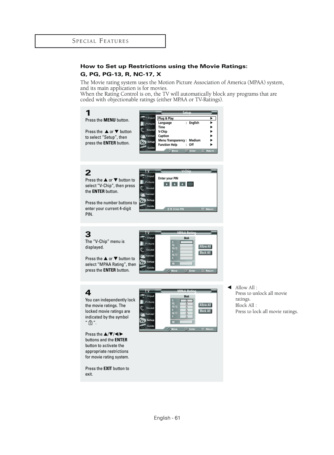 Samsung TX R3079WH manual Mpaa Rating 