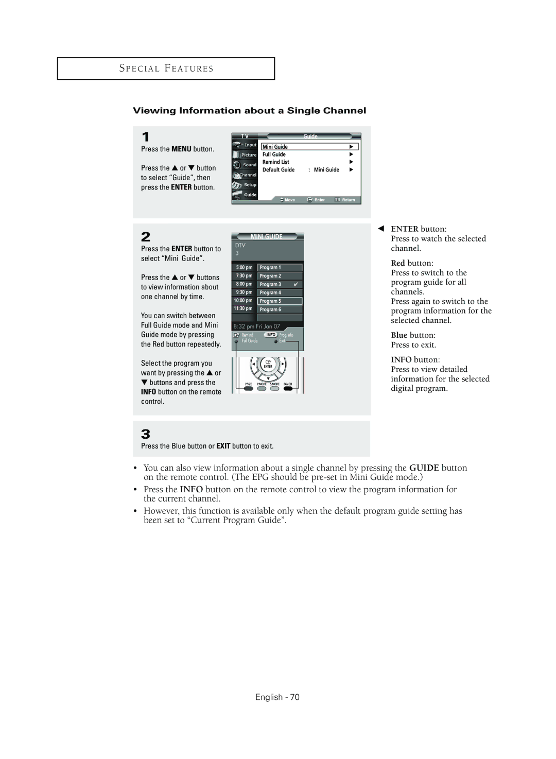 Samsung TX R3079WH Viewing Information about a Single Channel, Buttons and press the Info button on the remote control 