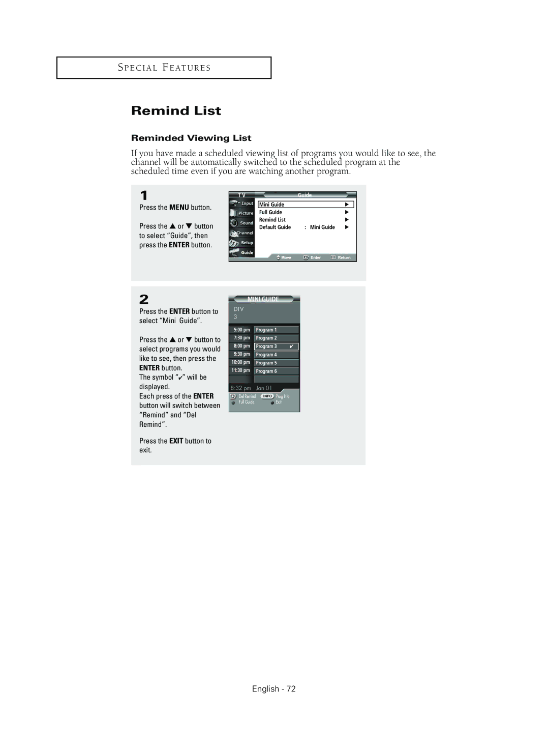 Samsung TX R3079WH manual Remind List, Reminded Viewing List, Symbol will be displayed 