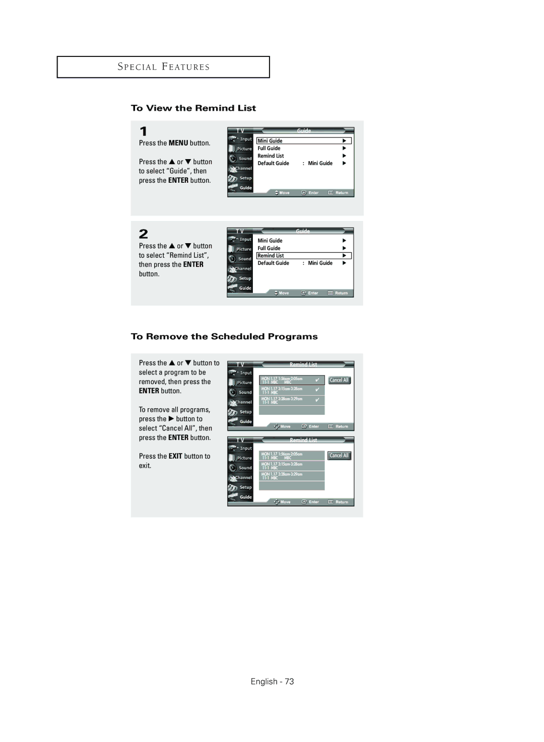 Samsung TX R3079WH manual To View the Remind List, To Remove the Scheduled Programs 