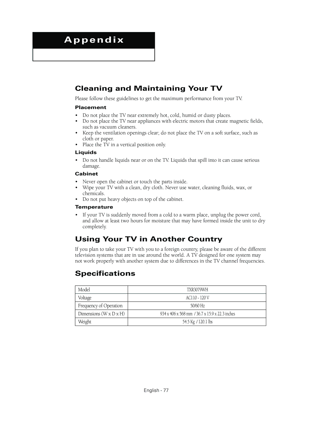 Samsung TX R3079WH manual Cleaning and Maintaining Your TV, Using Your TV in Another Country, Specifications 