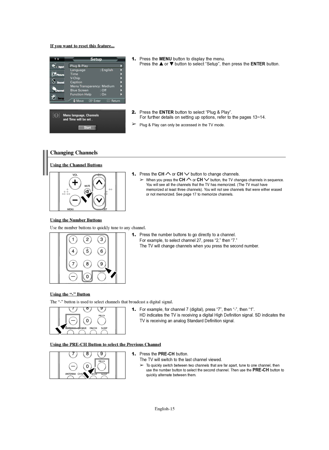 Samsung TX-S2782H, TX-R3080WH, TX-R3079WH, TX-S3082WH manual Changing Channels 