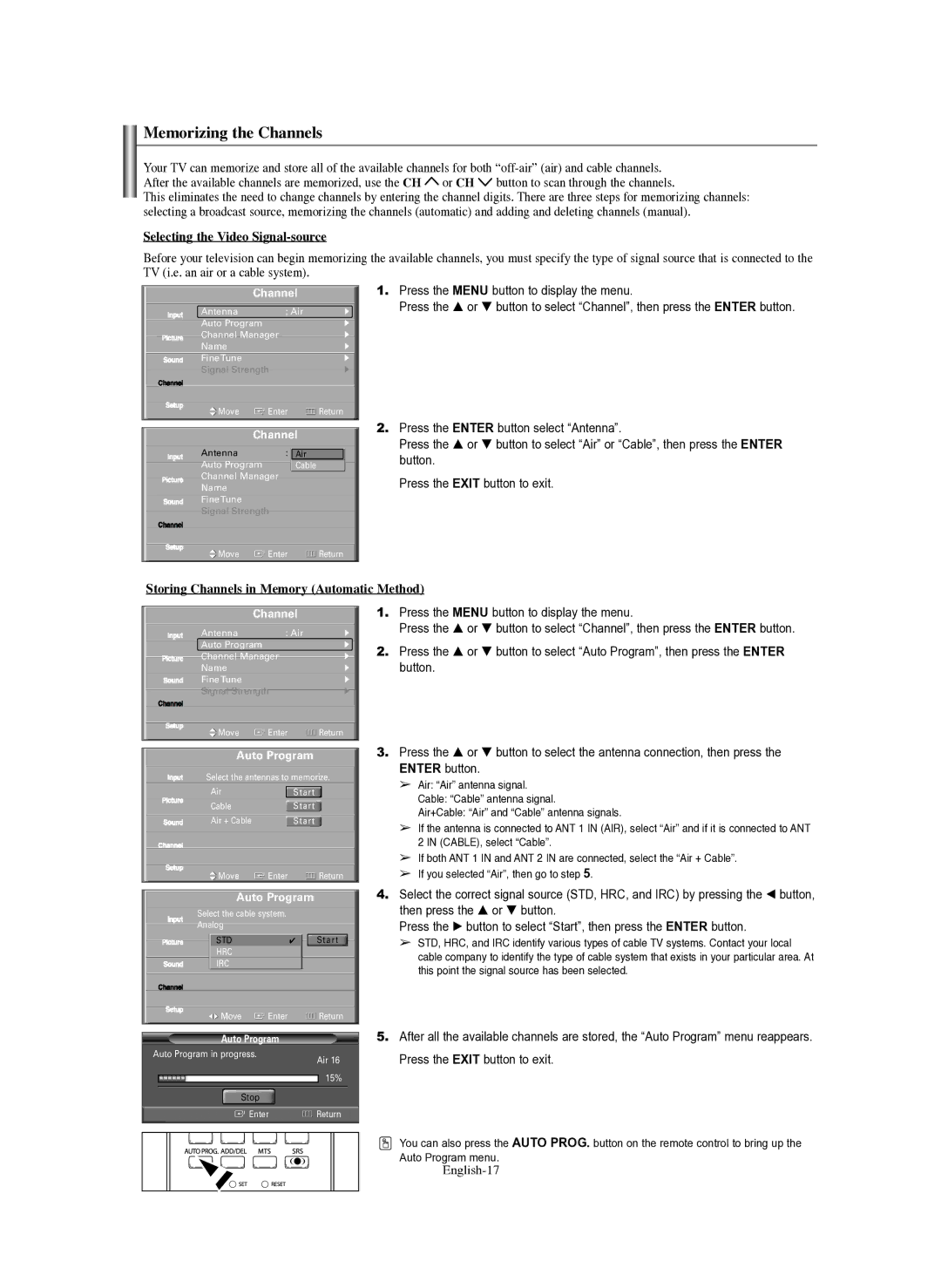 Samsung TX-R3079WH Memorizing the Channels, Selecting the Video Signal-source, Storing Channels in Memory Automatic Method 