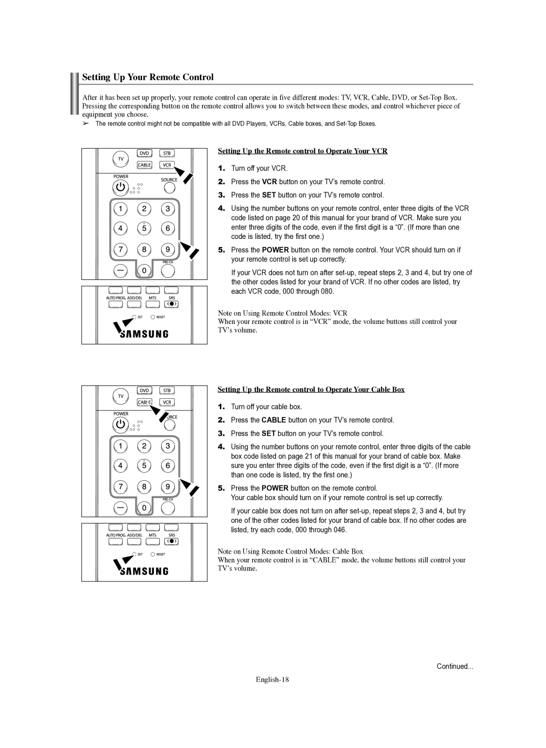 Samsung TX-S3082WH, TX-R3080WH, TX-S2782H Setting Up Your Remote Control, Setting Up the Remote control to Operate Your VCR 