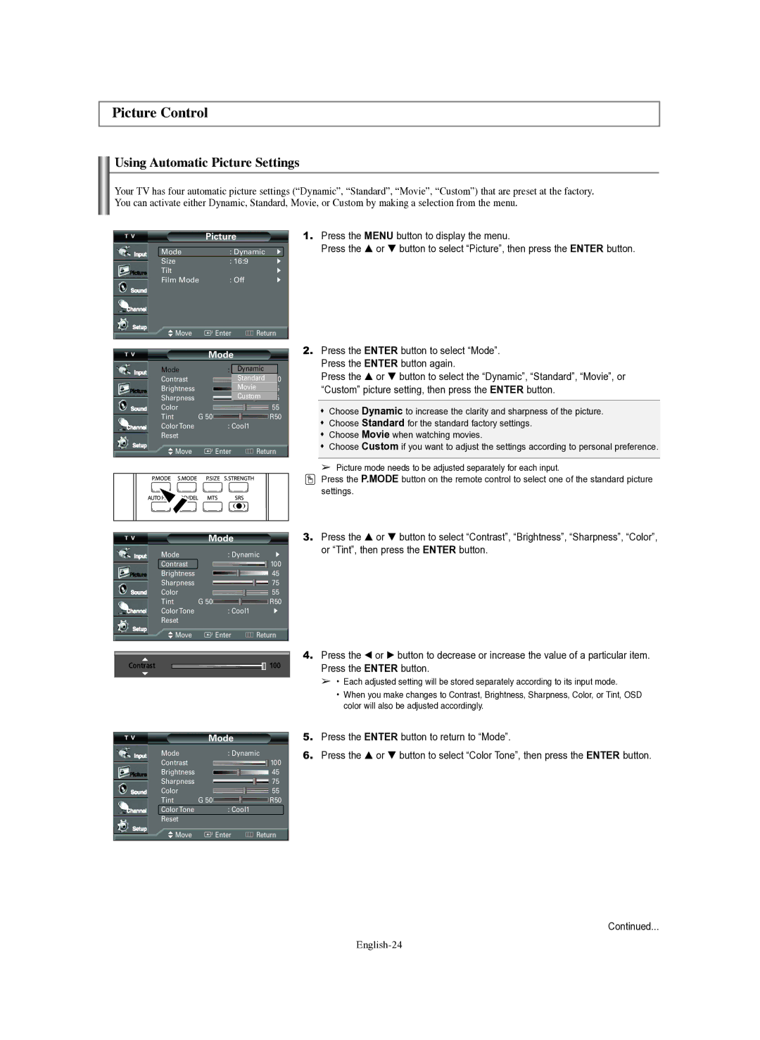 Samsung TX-R3080WH, TX-R3079WH, TX-S3082WH, TX-S2782H Picture Control, Using Automatic Picture Settings, English-24, Mode 