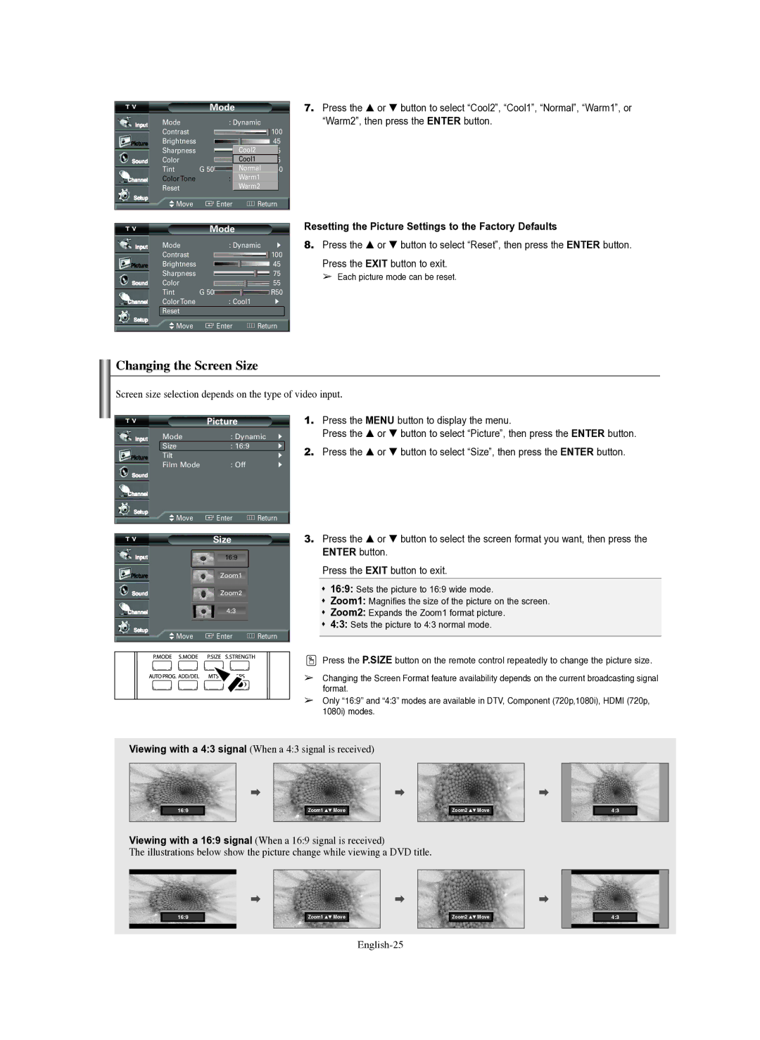 Samsung TX-R3079WH, TX-S2782H Changing the Screen Size, Resetting the Picture Settings to the Factory Defaults, English-25 