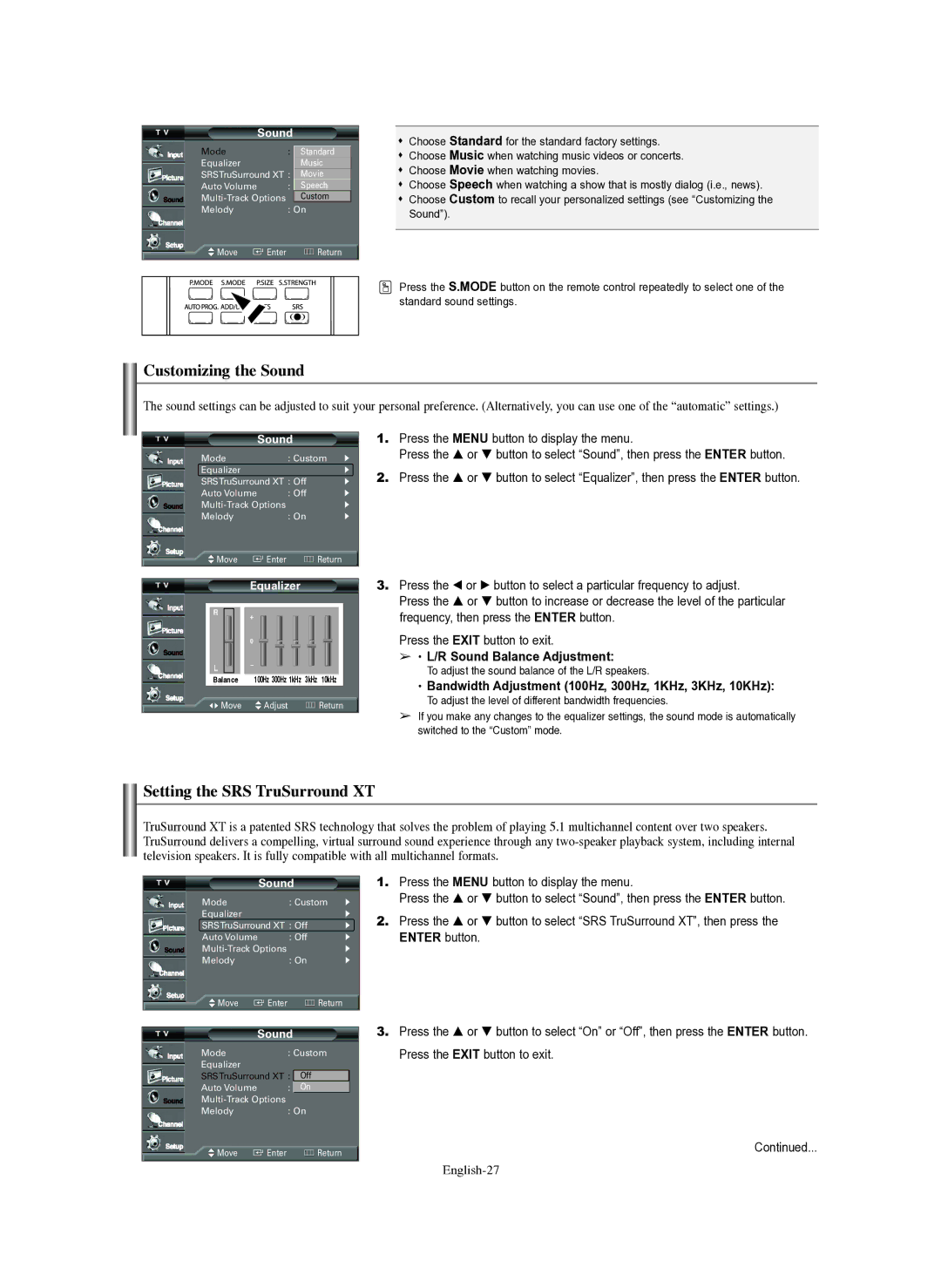 Samsung TX-S2782H, TX-R3080WH Customizing the Sound, Setting the SRS TruSurround XT, Sound Balance Adjustment, English-27 