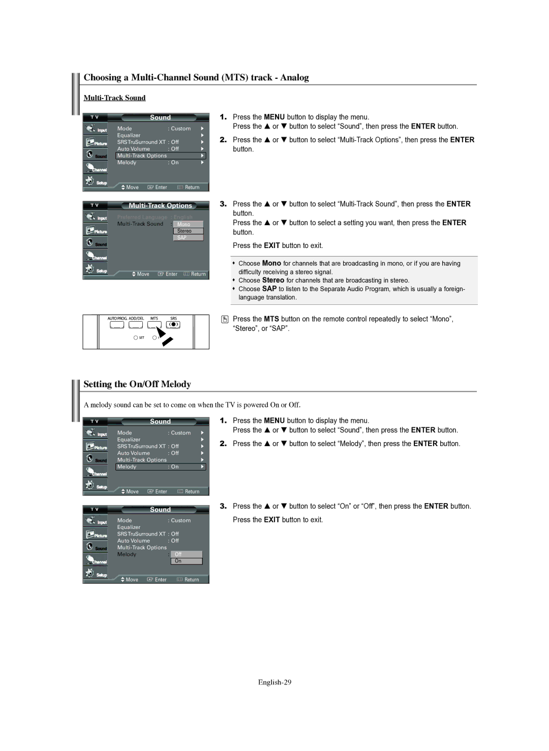 Samsung TX-R3079WH manual Choosing a Multi-Channel Sound MTS track Analog, Setting the On/Off Melody, Multi-Track Sound 