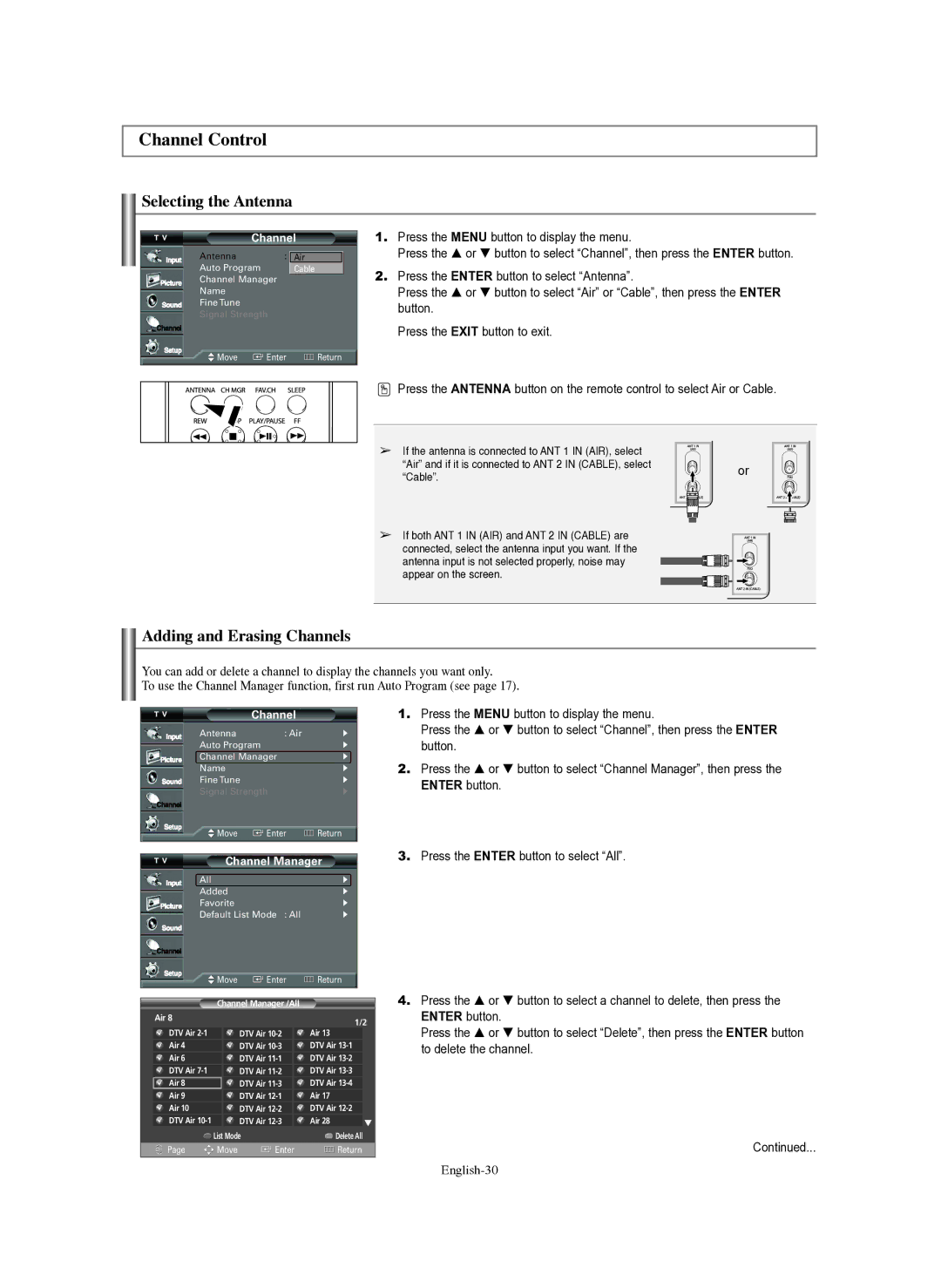 Samsung TX-S3082WH manual Channel Control, Selecting the Antenna, Adding and Erasing Channels, English-30, Channel Manager 