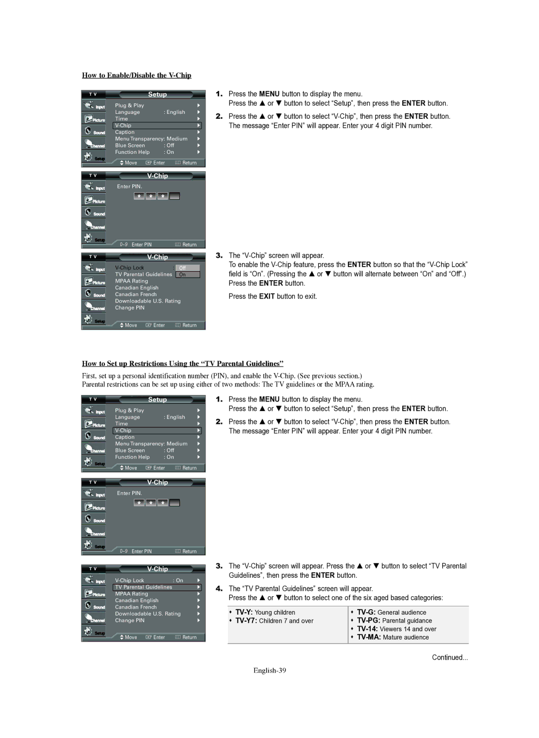 Samsung TX-S2782H manual How to Enable/Disable the V-Chip, How to Set up Restrictions Using the TV Parental Guidelines 