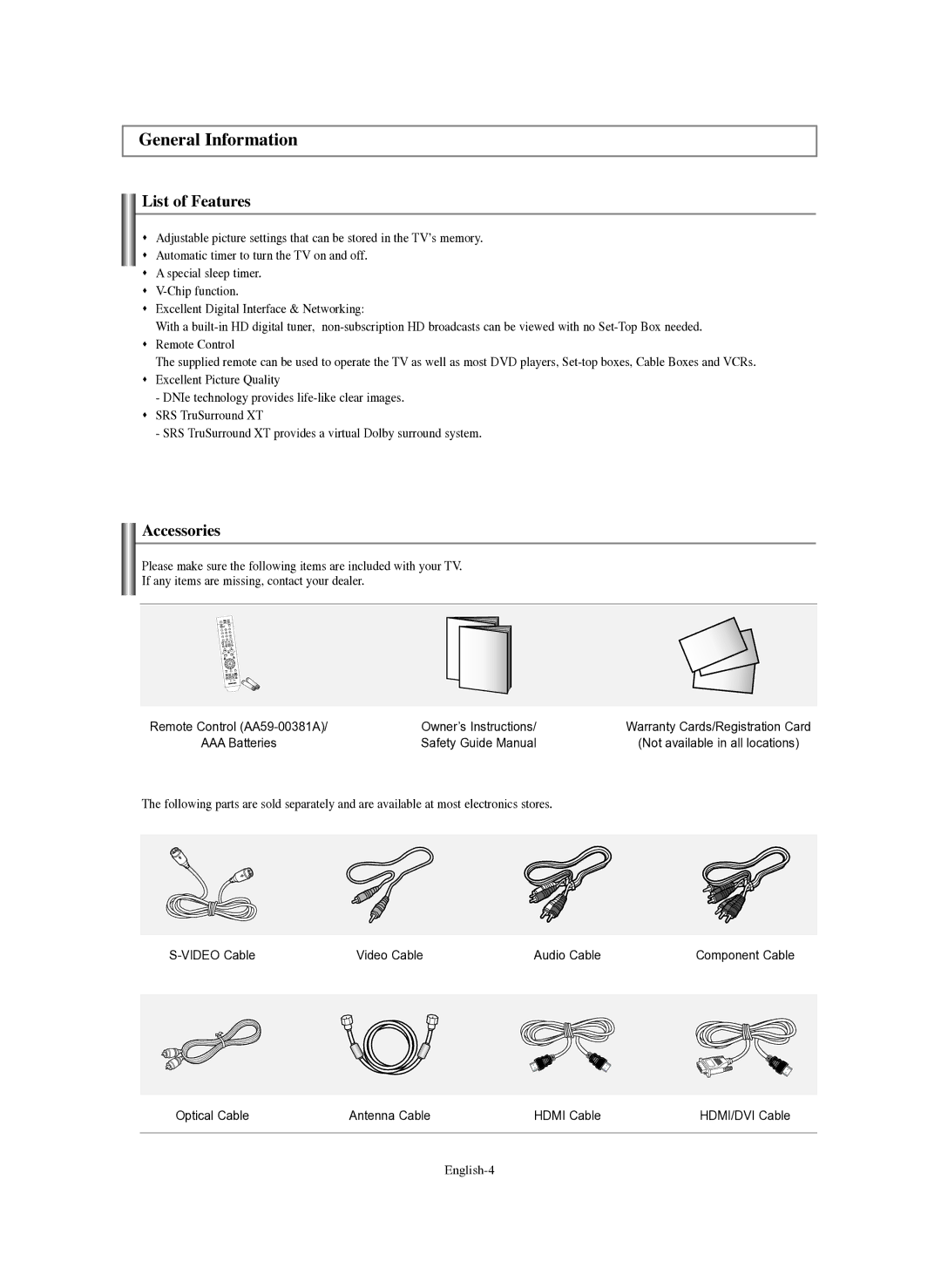 Samsung TX-R3080WH, TX-R3079WH, TX-S3082WH, TX-S2782H manual General Information, List of Features, Accessories 