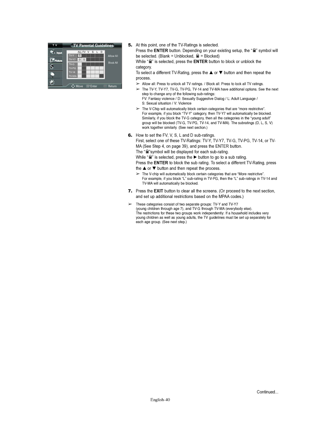 Samsung TX-R3080WH, TX-R3079WH, TX-S3082WH How to set the FV, V, S, L and D sub-ratings, English-40, TV Parental Guidelines 