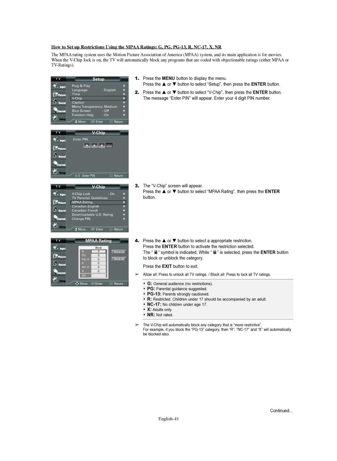 Samsung TX-R3079WH, TX-R3080WH, TX-S3082WH, TX-S2782H manual English-41, Mpaa Rating 