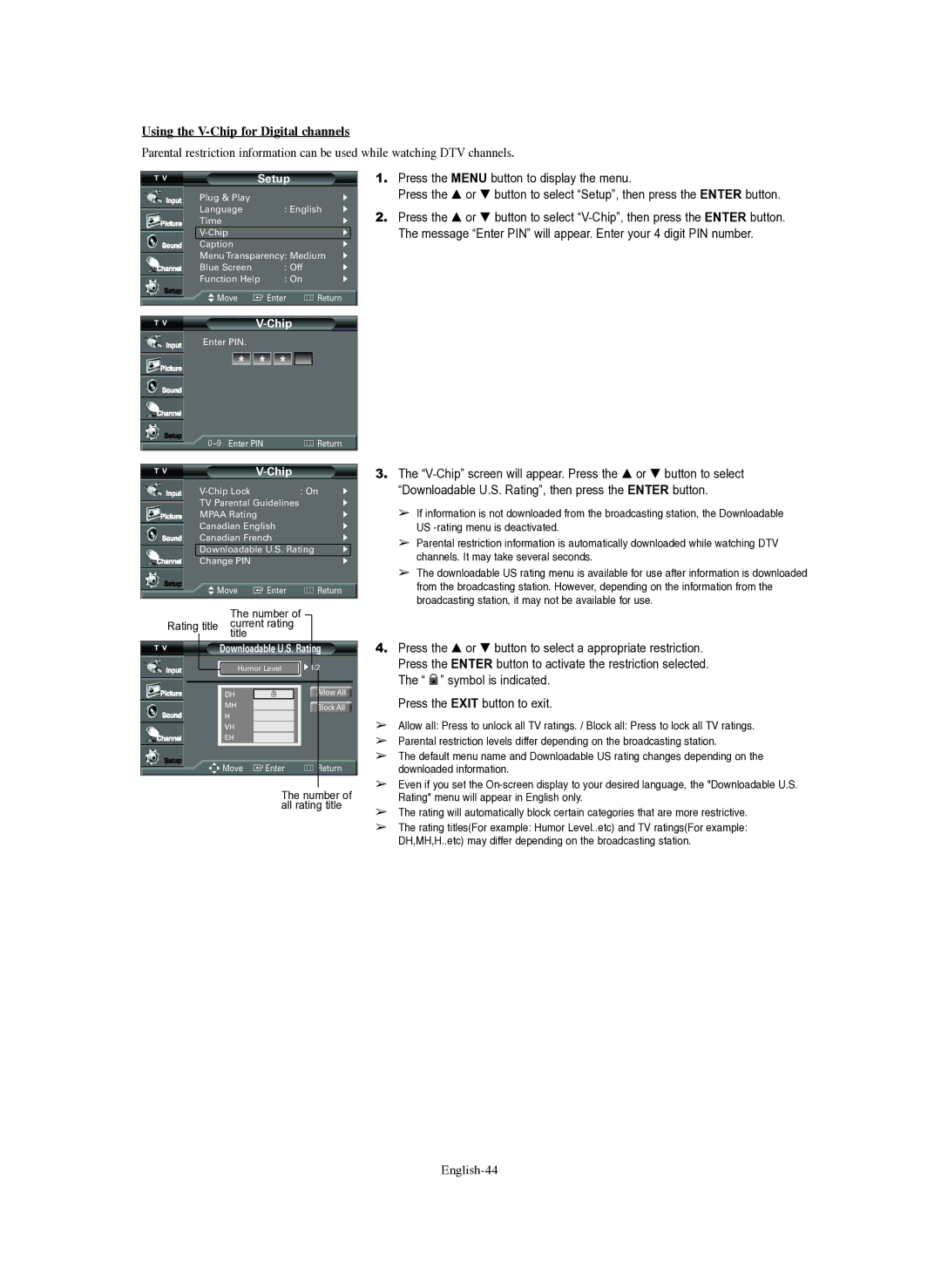 Samsung TX-R3080WH, TX-R3079WH, TX-S3082WH manual Using the V-Chip for Digital channels, English-44, Downloadable U.S. Rating 