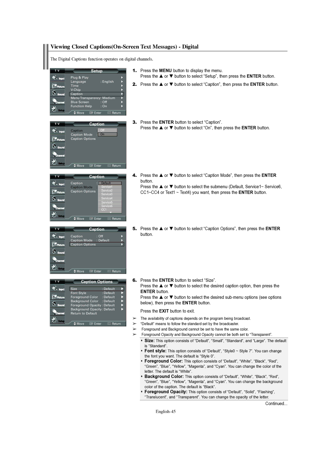 Samsung TX-R3079WH, TX-R3080WH manual Viewing Closed CaptionsOn-Screen Text Messages Digital, English-45, Caption Options 