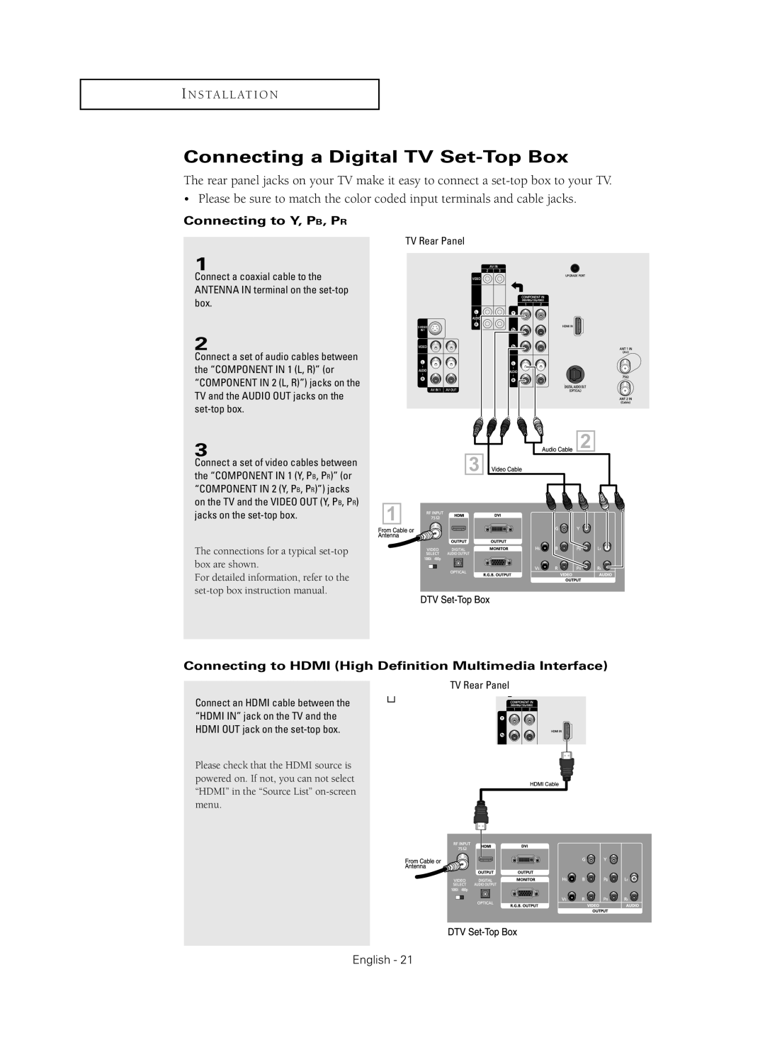 Samsung TX R3080WH manual Connecting a Digital TV Set-Top Box, Connecting to Hdmi High Definition Multimedia Interface 