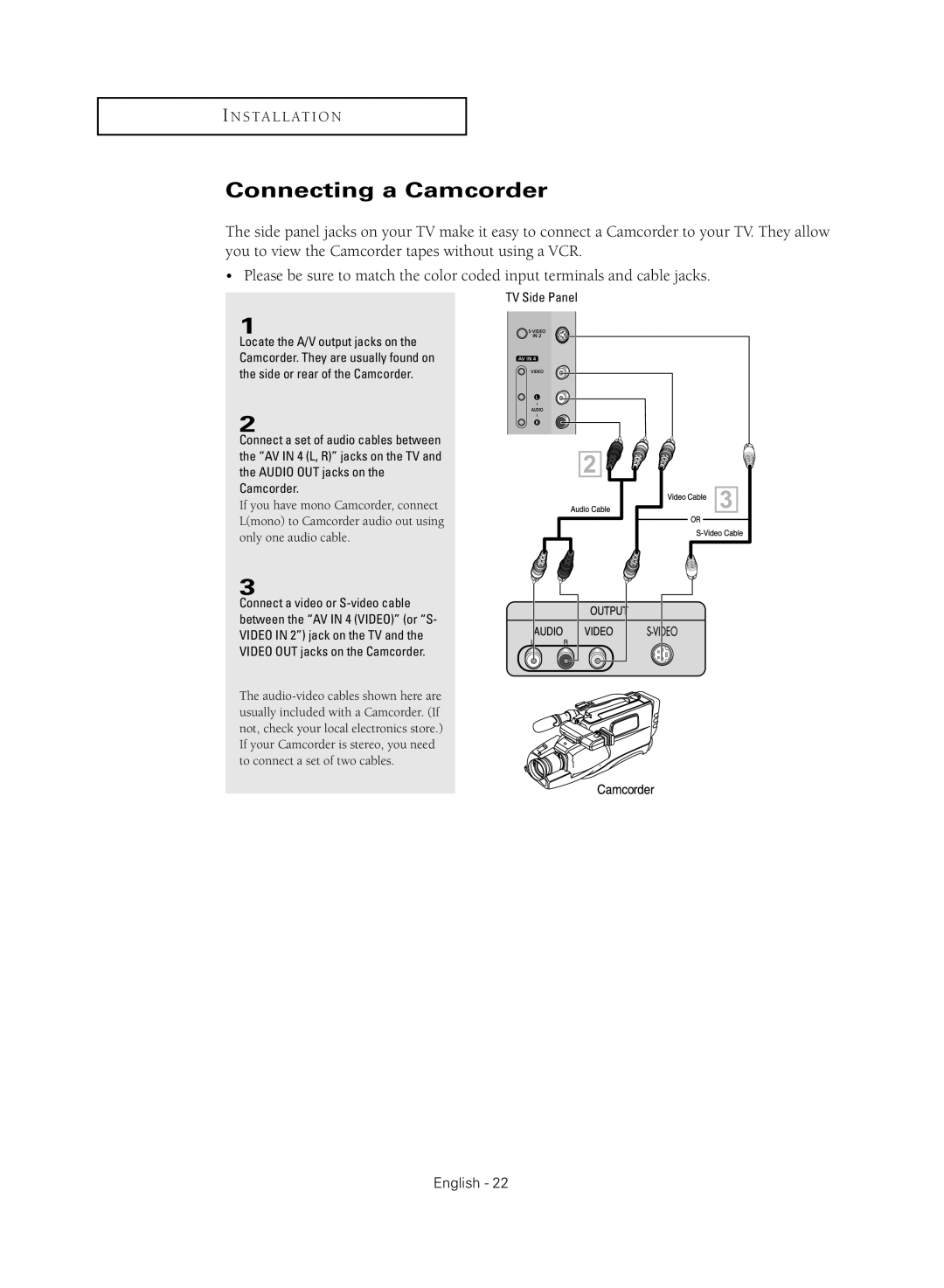 Samsung TX R3080WH manual Connecting a Camcorder, TV Side Panel 