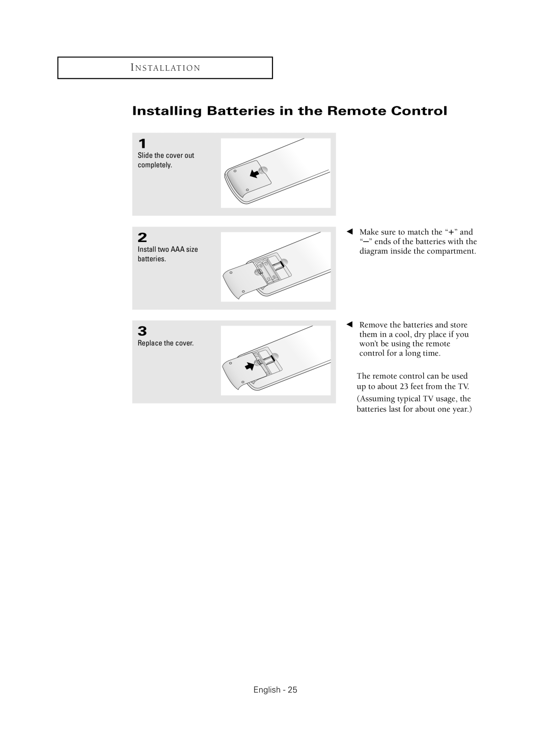 Samsung TX R3080WH manual Installing Batteries in the Remote Control 