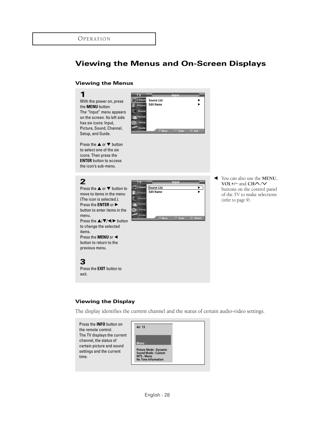 Samsung TX R3080WH manual Viewing the Menus and On-Screen Displays, Viewing the Display, Input 