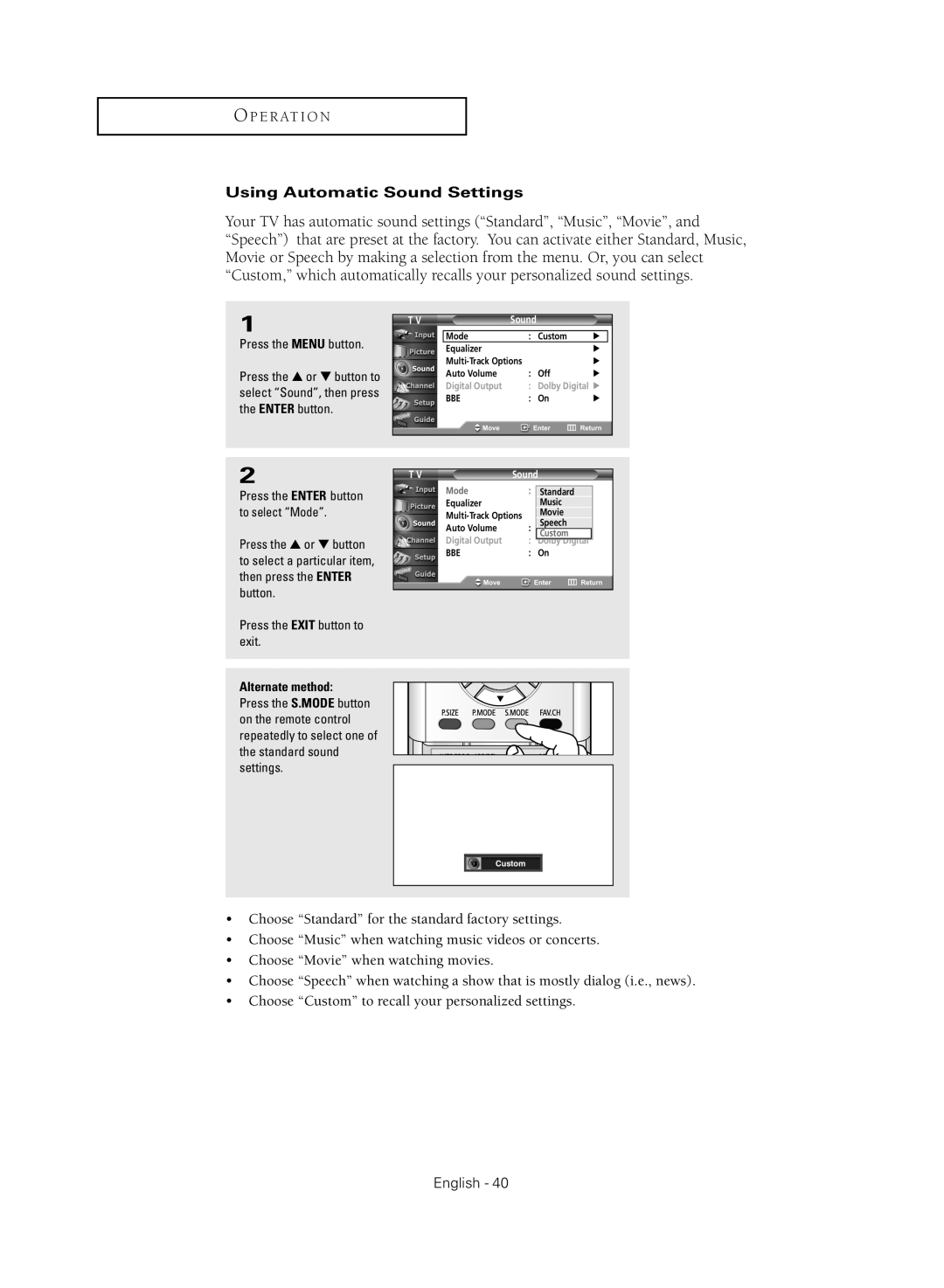 Samsung TX R3080WH manual Using Automatic Sound Settings 