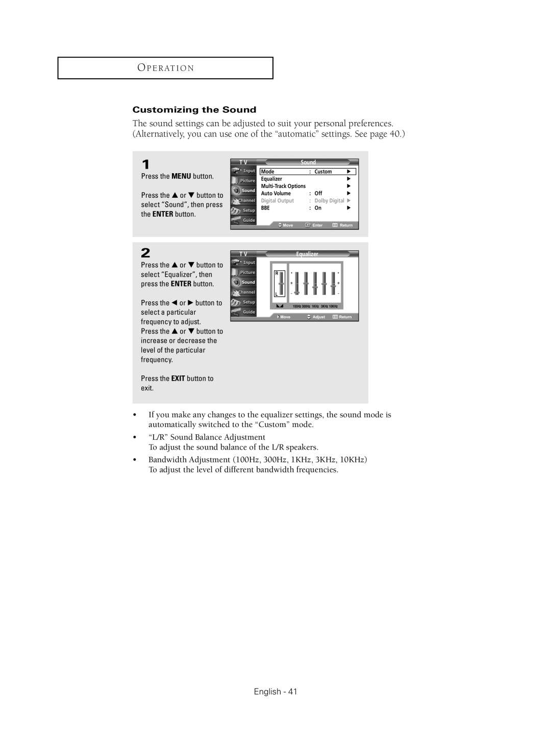 Samsung TX R3080WH manual Customizing the Sound, Equalizer 