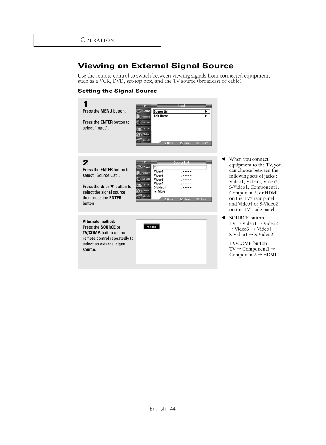 Samsung TX R3080WH manual Viewing an External Signal Source, Setting the Signal Source 