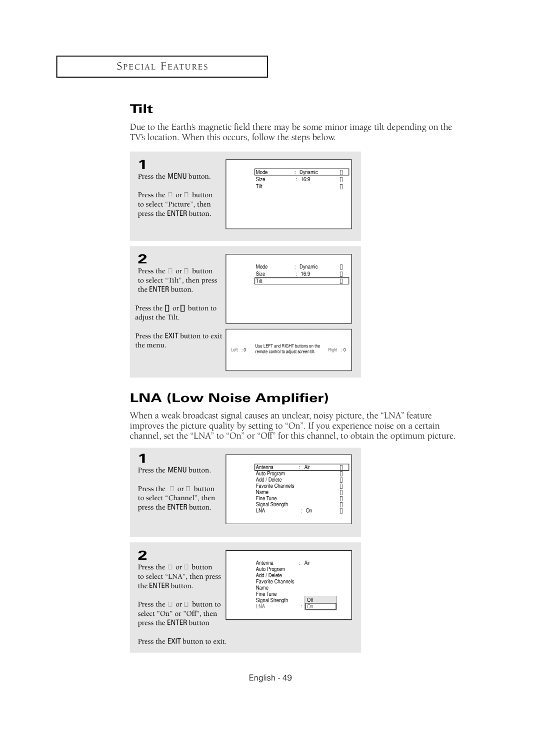 Samsung TX R3080WH manual Tilt, LNA Low Noise Amplifier 