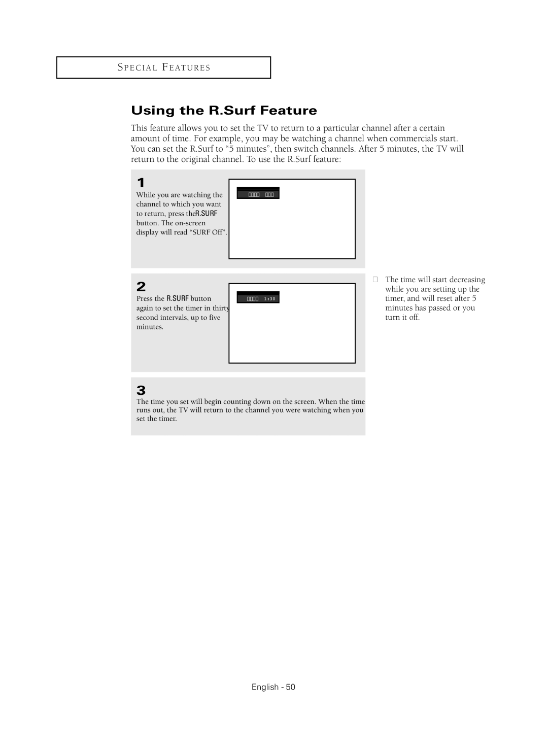 Samsung TX R3080WH manual Using the R.Surf Feature, Button. The on-screen, Press the R.SURF button 